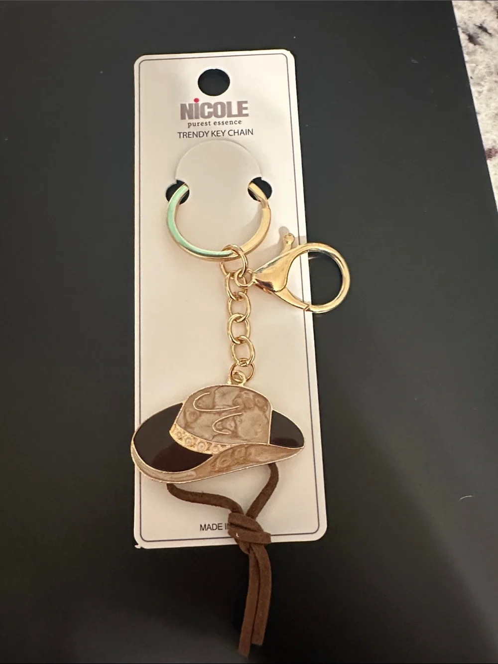 Nicole Gold and Brown Hat Charm Key Chain with Suede Tassel